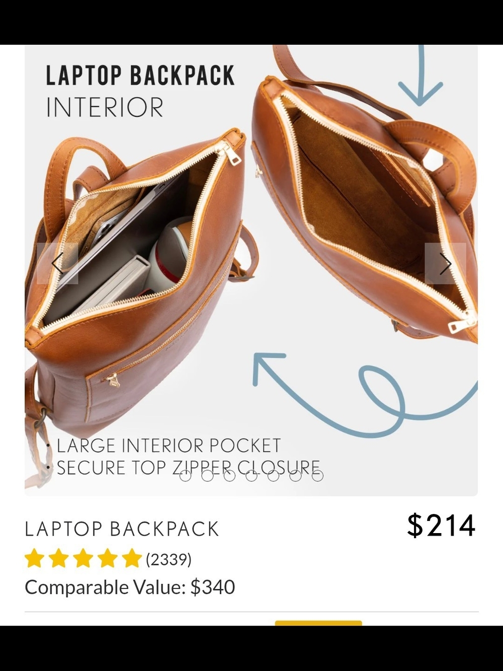 Portland Leather Cognac Brown Leather Laptop Backpack - Picture 5 of 7